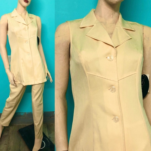 NWT Y2K MY MICHELLE Creamy Yellow Long Sleeveless Buttondown Top/Pants Suit 9/10 - Picture 1 of 14
